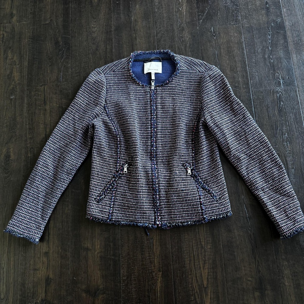 Rebecca Taylor Jacket Womens 10 Navy Pink Tweed Boucle Zip Front Fringe Pockets‎